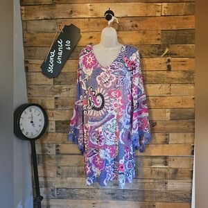 MSK Women's Floral Paisley Purple Bell Sleeve Dress Size Large